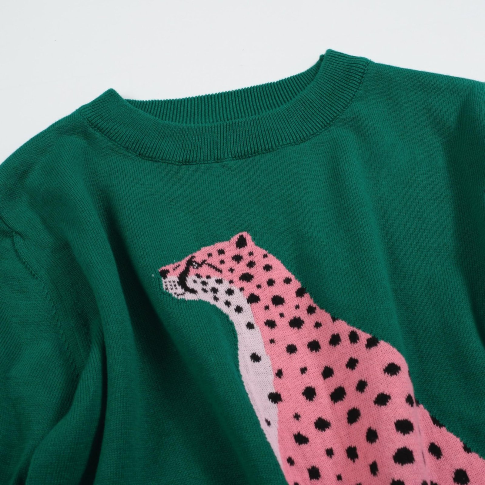 OXKNIT Women's Green Knitted T-Shirt, Retro Animal Pattern Crewneck Cotton Short Sleeve- Cropped Length, Green, X-Large - Image 3