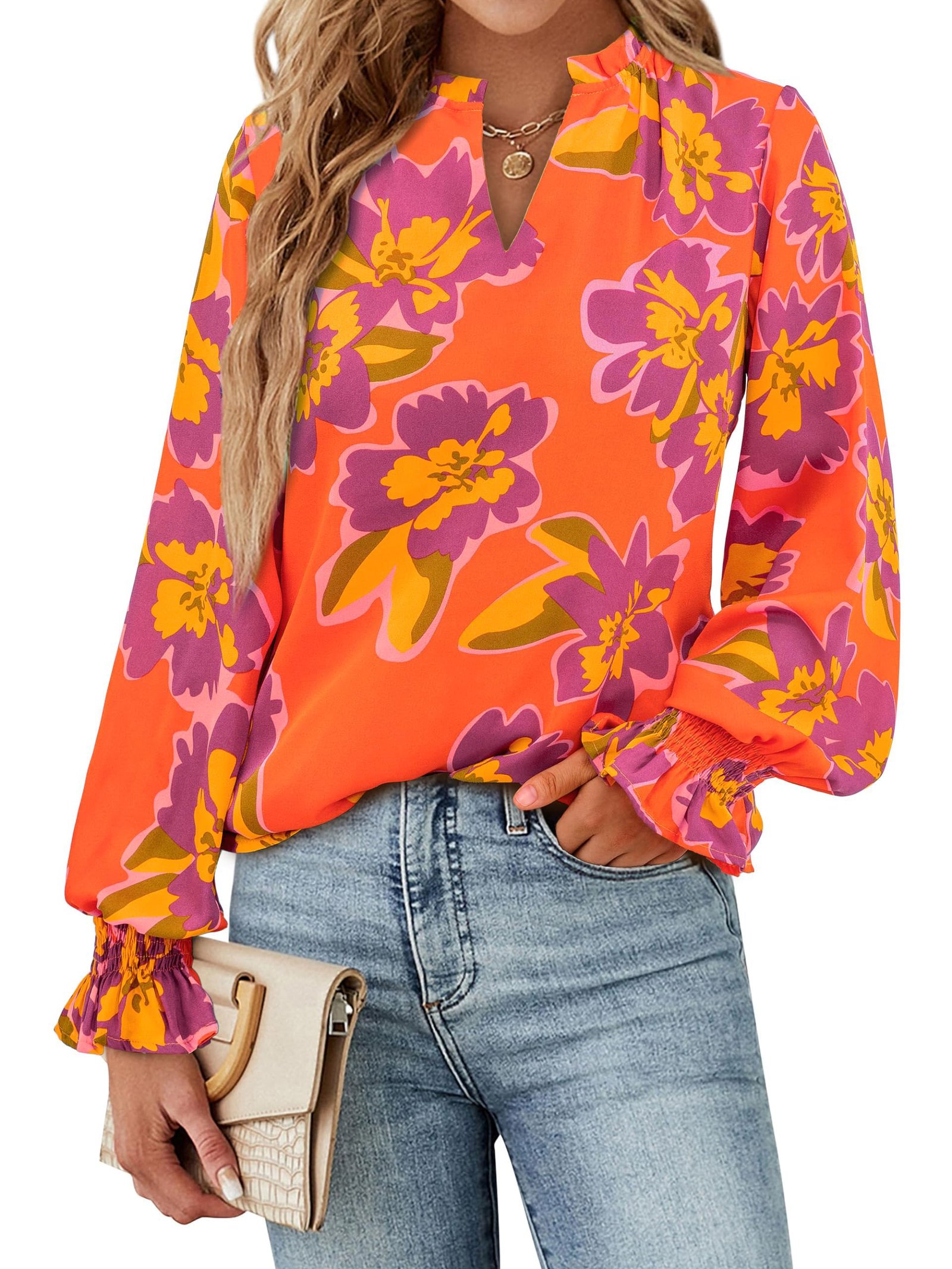 Womens Boho Floral Long Sleeve Loose Chiffon Blouses, Orange Purple, Medium - Image 2