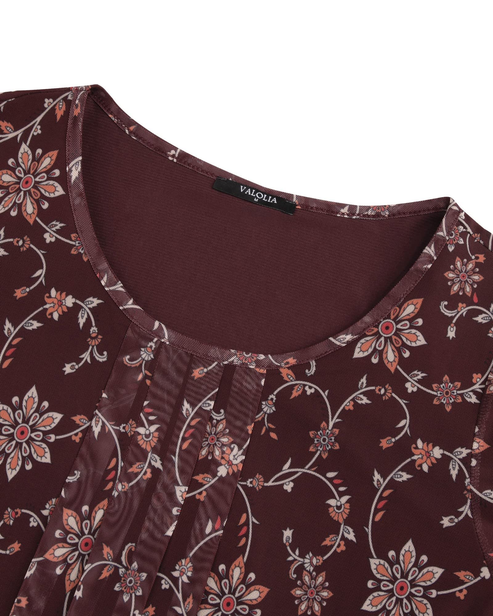 Women's 3/4 Sleeve Tunic Tops Casual Loose Fit Floral Blouses Mesh Pleated Layered Shirt, Dark Red, 3X-Large - Image 4