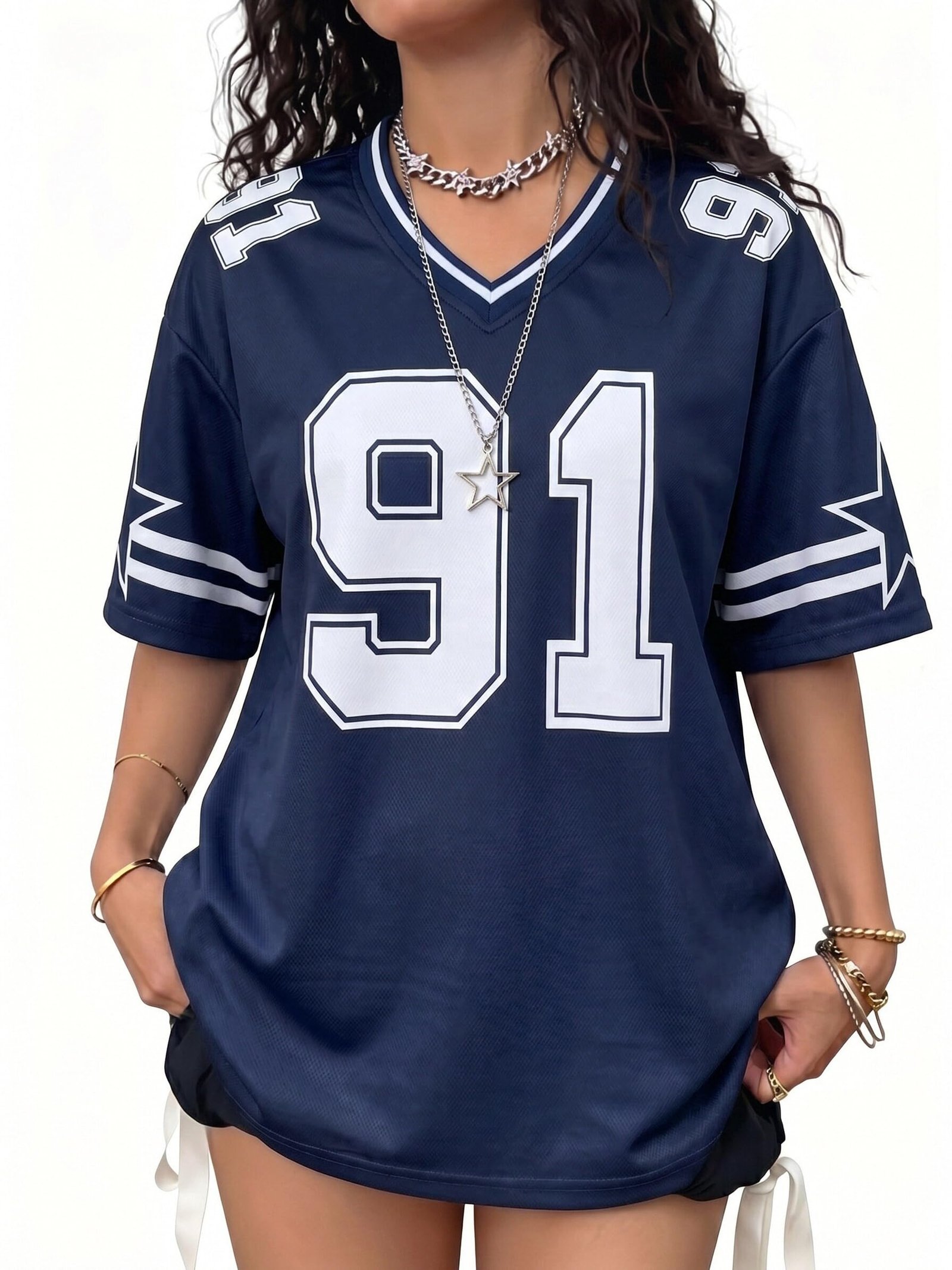 Jersey Shirts for Women Y2k Graphic Tees V Neck Baggy Streetwear Number Oversized T Shirt Summer Tops, Blue, Small