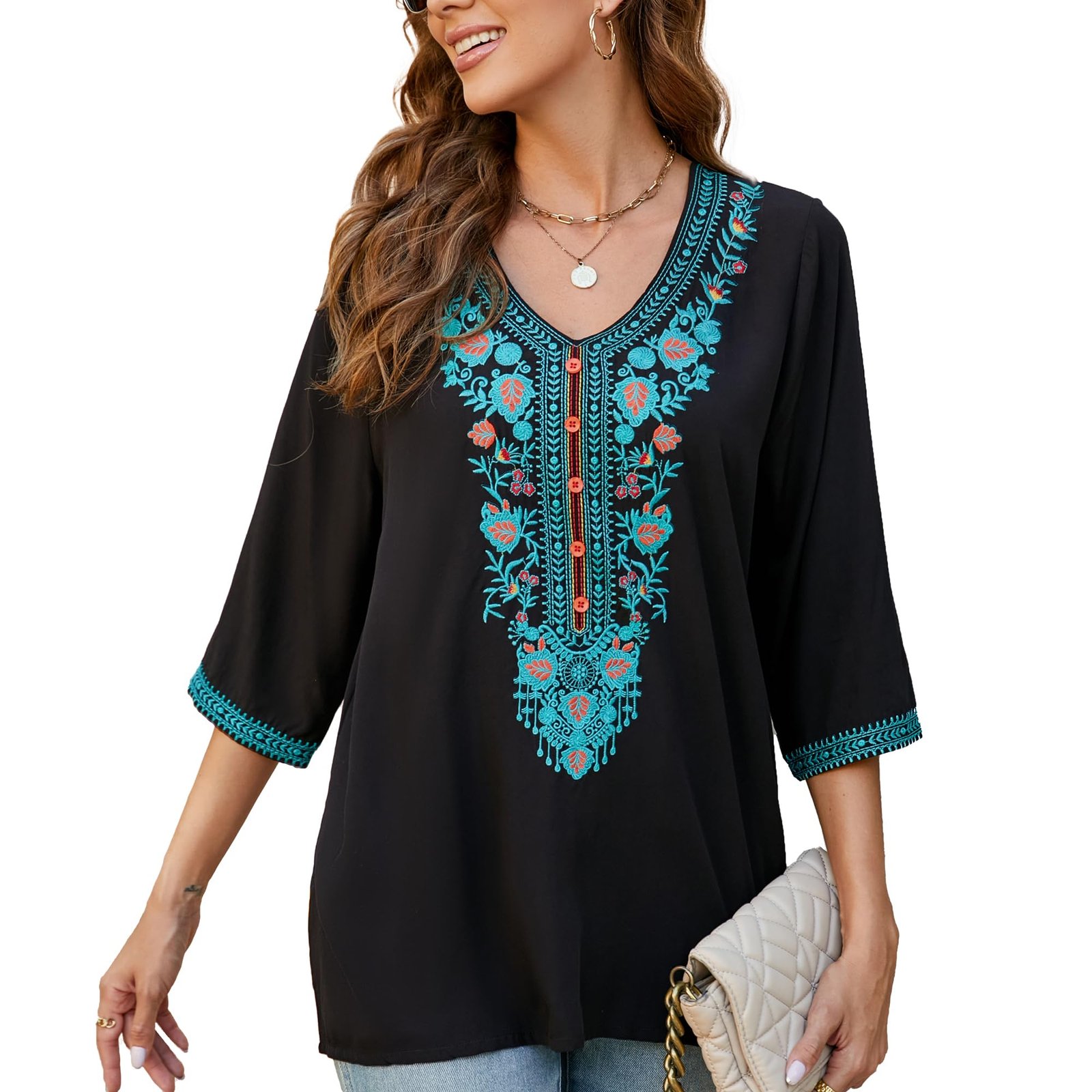 Traditional Mexican Embroidered Peasant Tops for Women, Plus Size Vintage Floral Tunic Shirts, Flowers Embroidery Blouses, Black, Large - Image 3