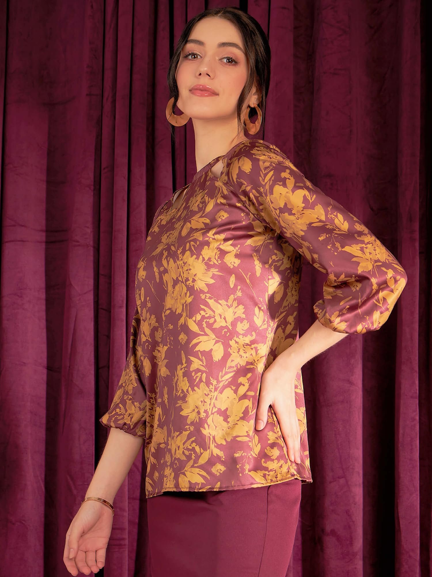 Layla 3/4th Sleeve Mustard & Burgundy Women Top - Image 5