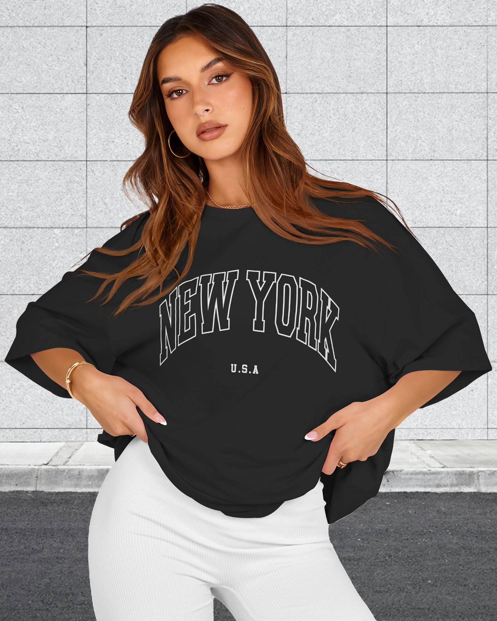 Oversized Tshirts for Women Summer Graphic Short Sleeve Crew Neck Tee Shirt, Black New York, 3X-Large - Image 3