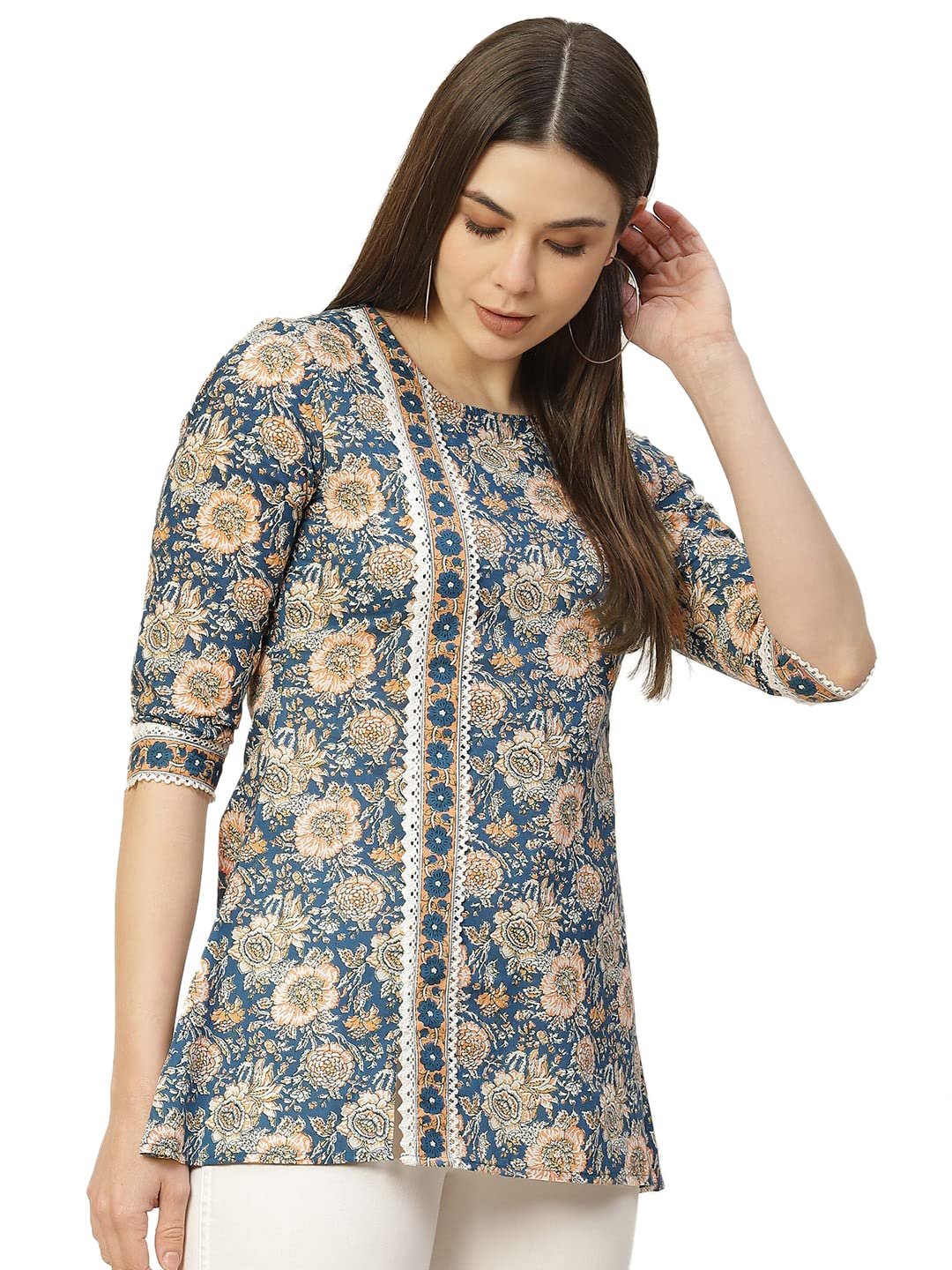 Women's Blue Floral Printed Straight Short Kurti – Round Neck, 3/4 Sleeves, Everyday Ethnic Top - Image 2