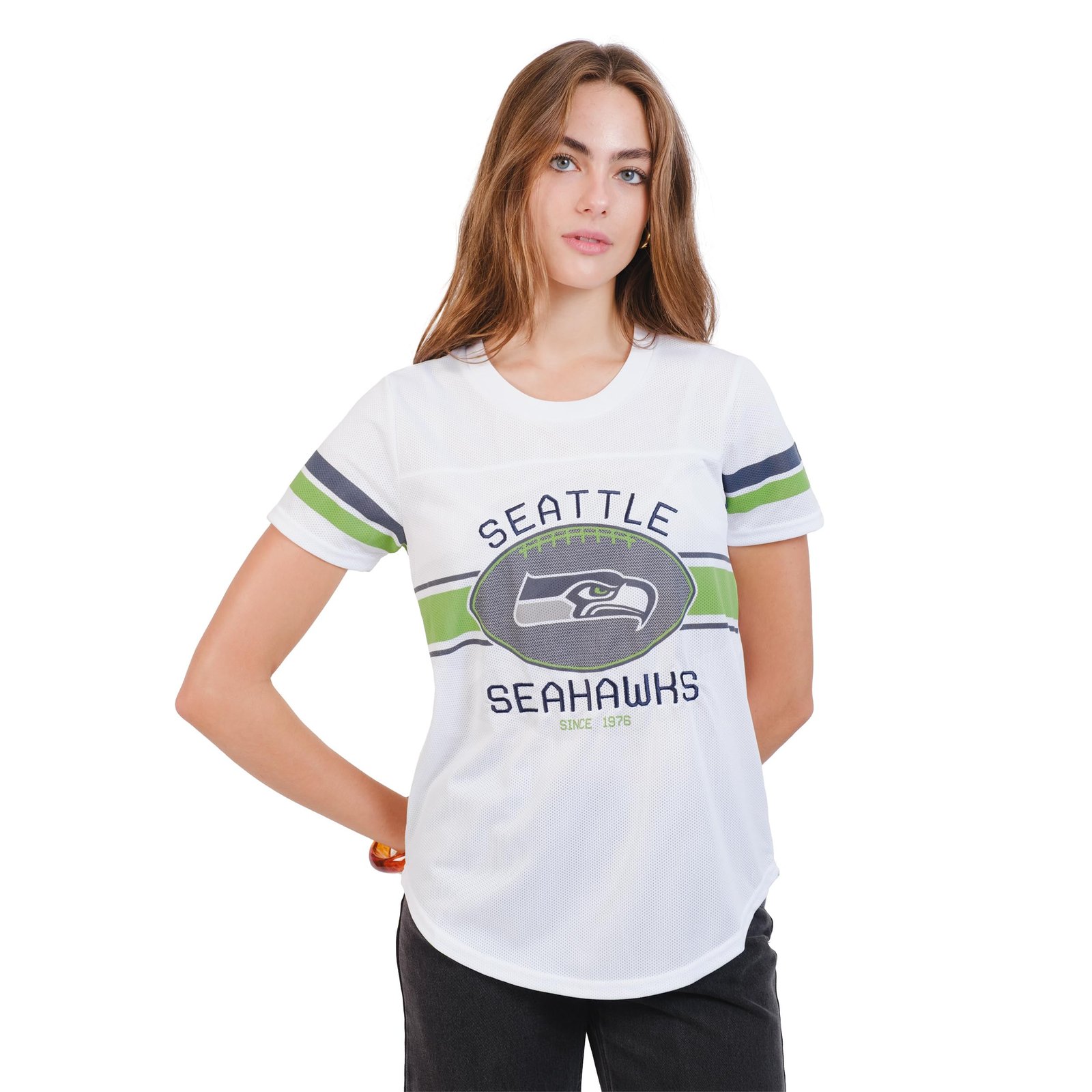 NFL Seattle Seahawks Women's Mesh Jersey Short Sleeve T-Shirt Top,White,Large