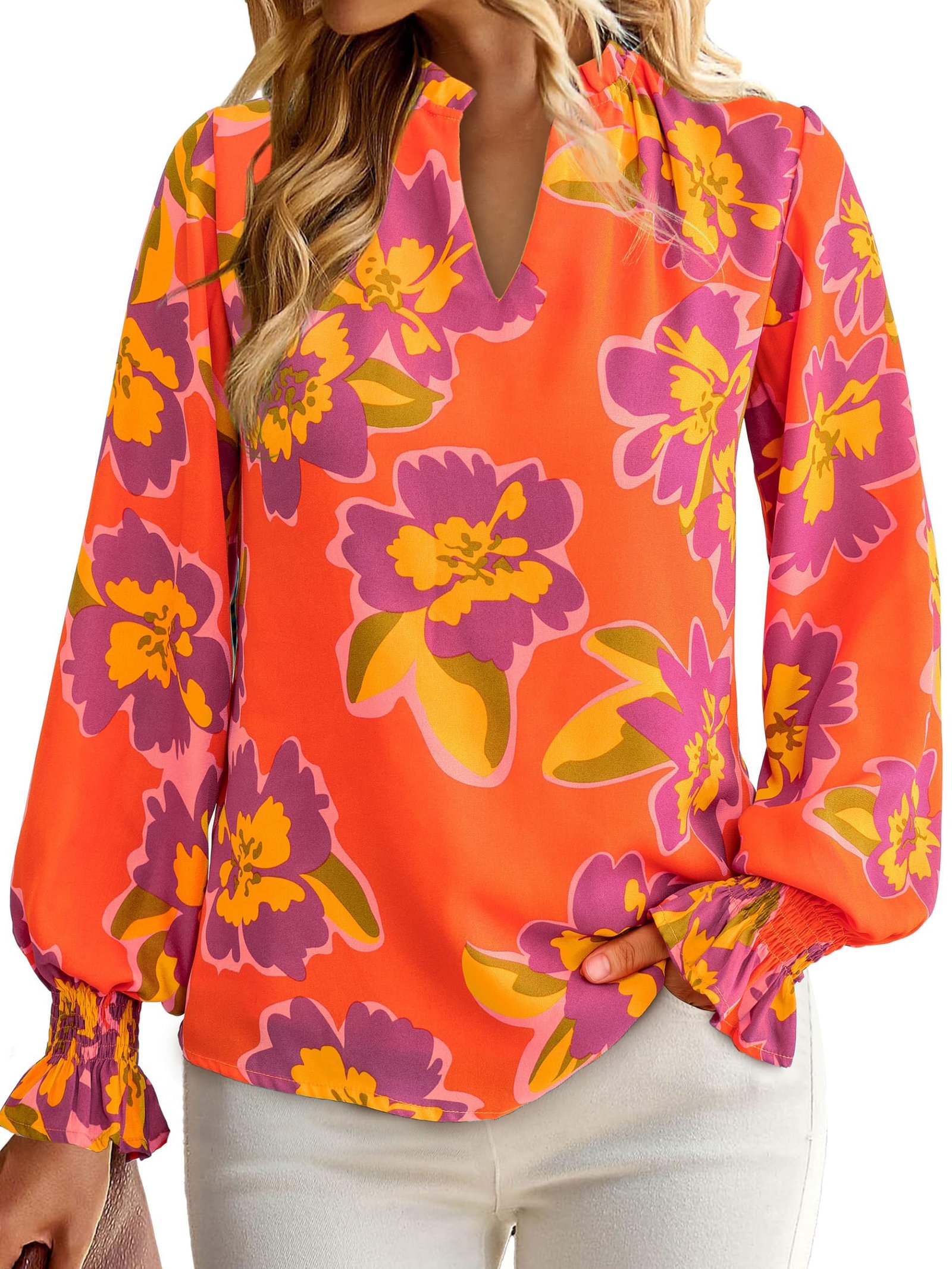 Womens Boho Floral Long Sleeve Loose Chiffon Blouses, Orange Purple, Medium - Image 3