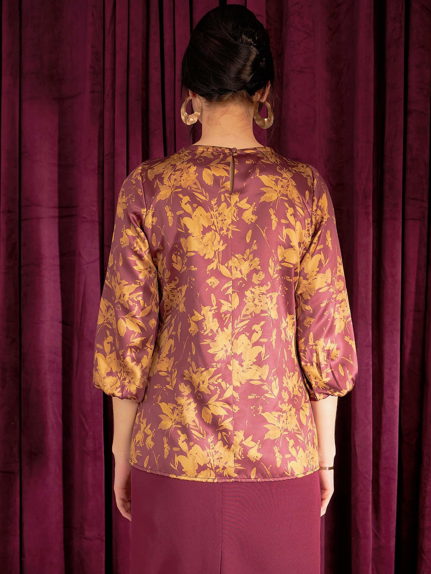 Layla 3/4th Sleeve Mustard & Burgundy Women Top - Image 3