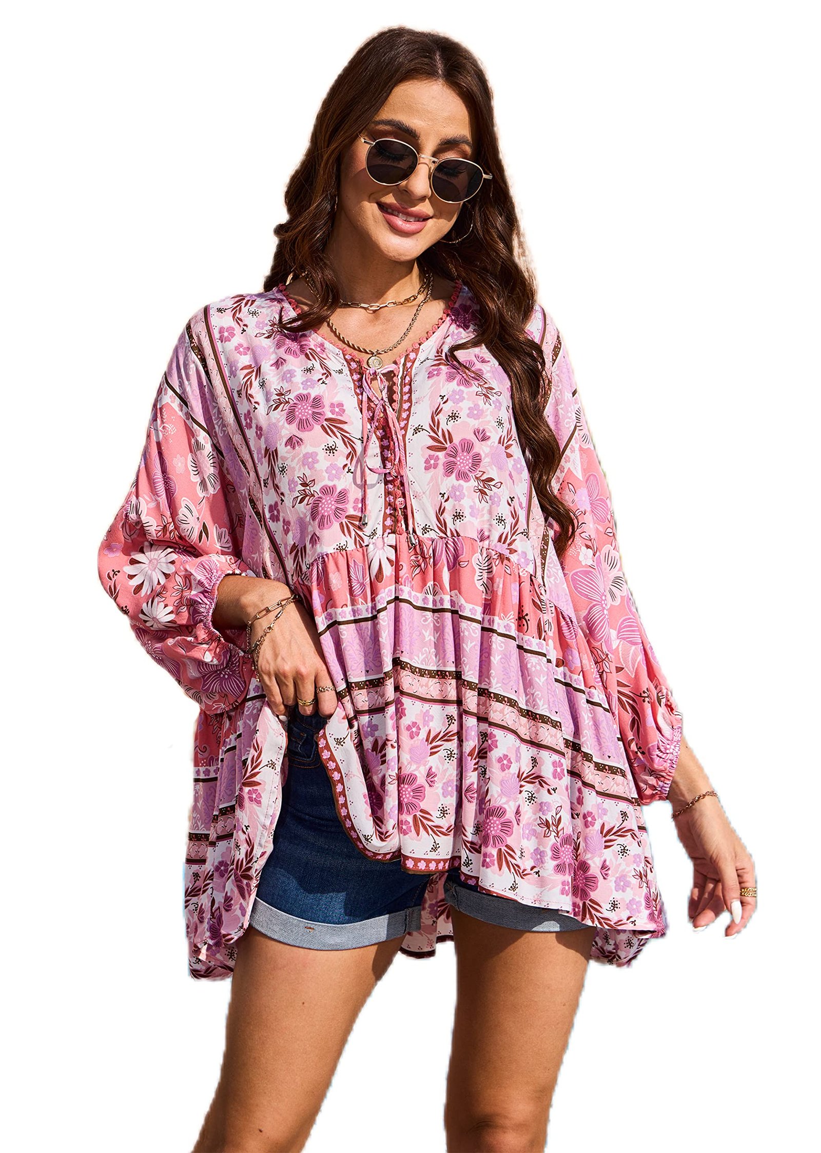 Women's Boho Tops V-Neck Blouses 3/4 Sleeves Floral Print Tunics, Taffy Pink, Small