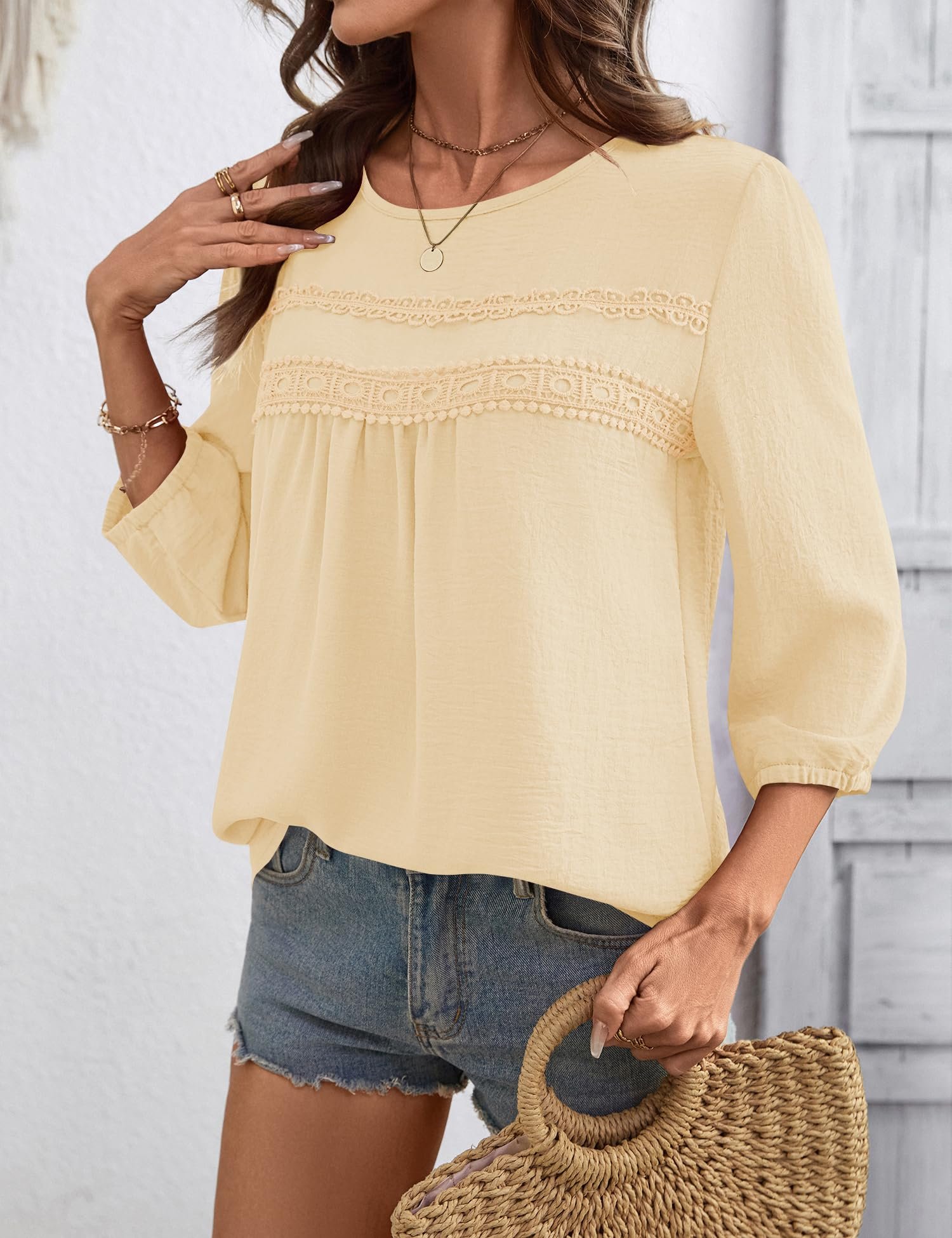 Womens 3/4 Length Sleeve Shirts Casual Chiffon Blouses, Apricot, Large - Image 6
