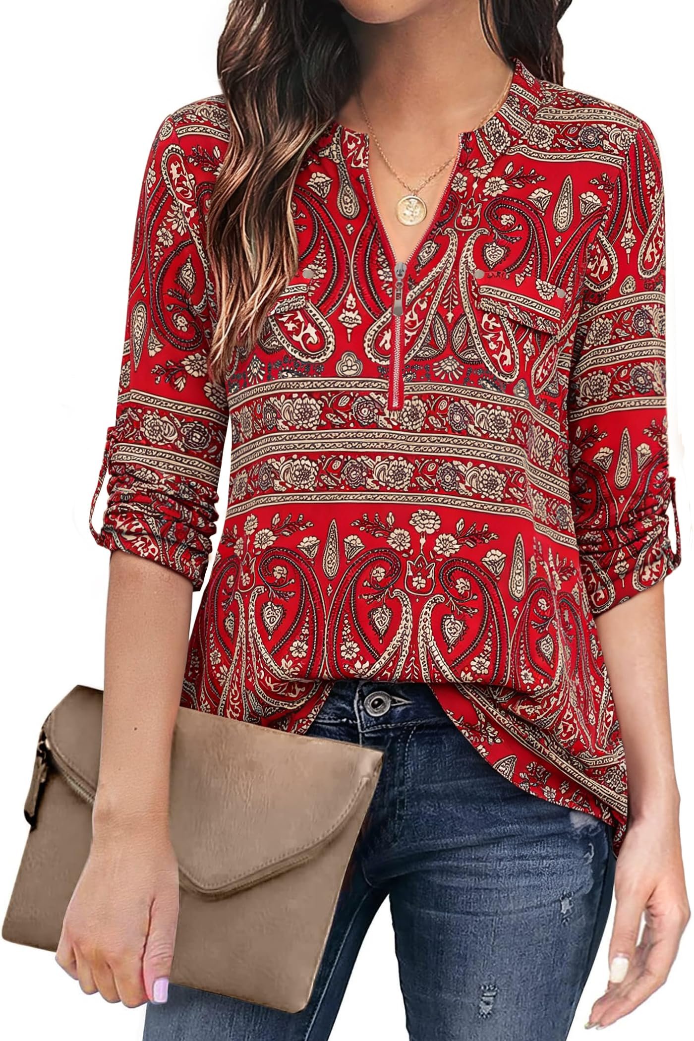 Women's 3/4 Sleeve Plaid Shirts Zip Floral Casual Tunic Blouse Tops, Beige Red, Large, Red