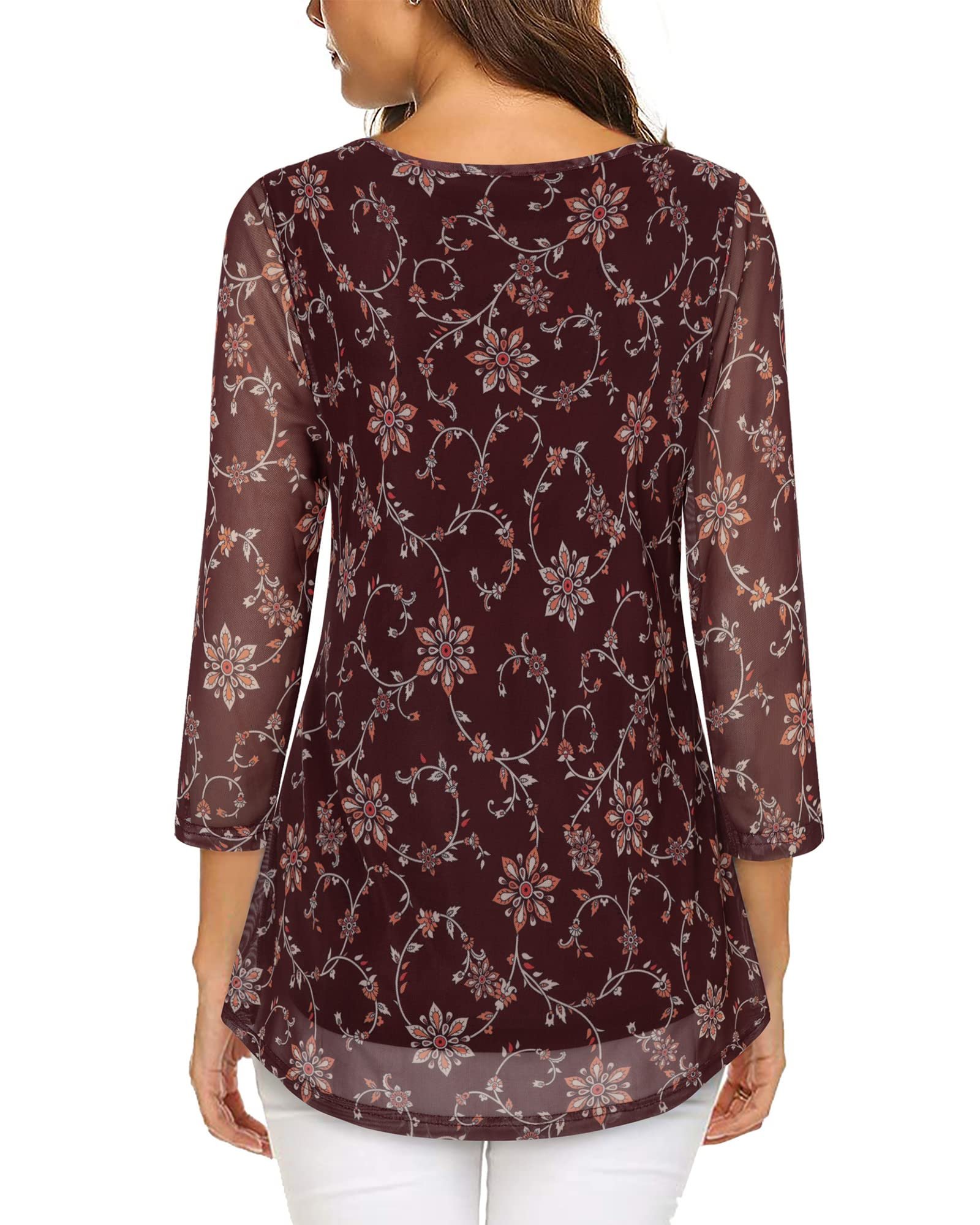 Women's 3/4 Sleeve Tunic Tops Casual Loose Fit Floral Blouses Mesh Pleated Layered Shirt, Dark Red, 3X-Large - Image 3