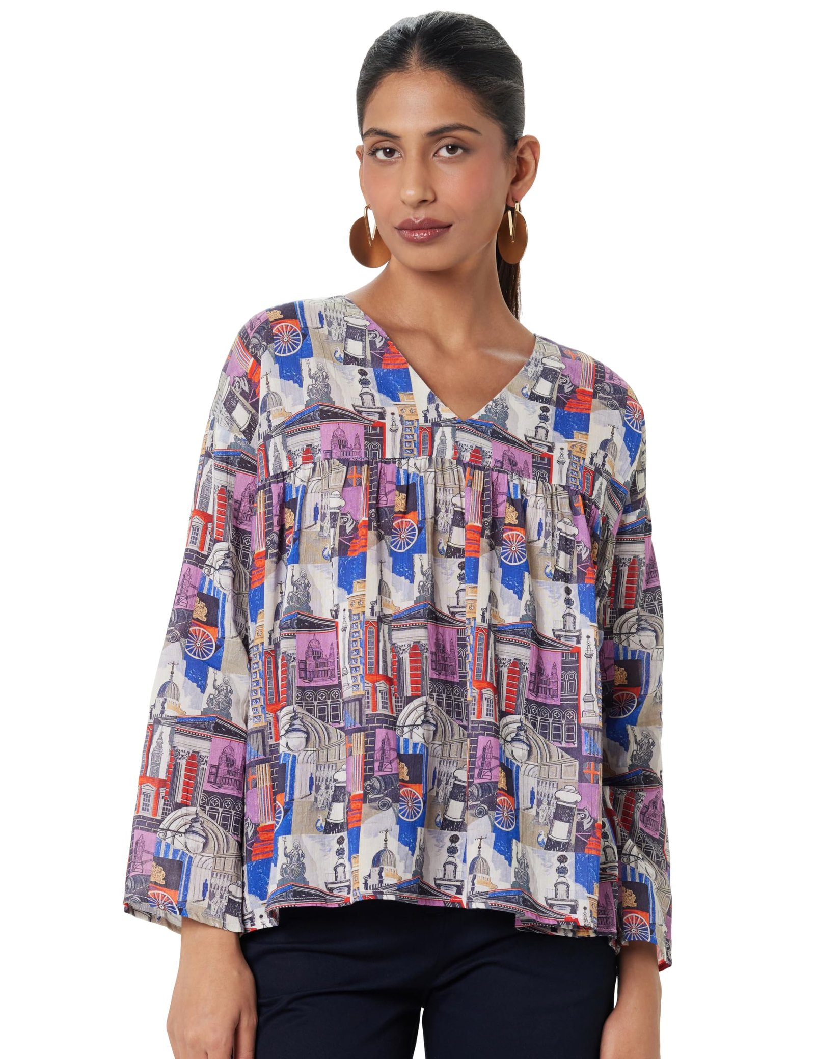 Women's RINATA-T Cotton V-Neck Abstract Print Regular FIT TOP