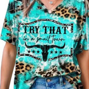 Let's Put The Crazy Away V-Neck Casual Short-Sleeved Shirt Fun Letter Printed Cow tie-Dyed Bleached Bull Graphic T-Shirt, Green, Large