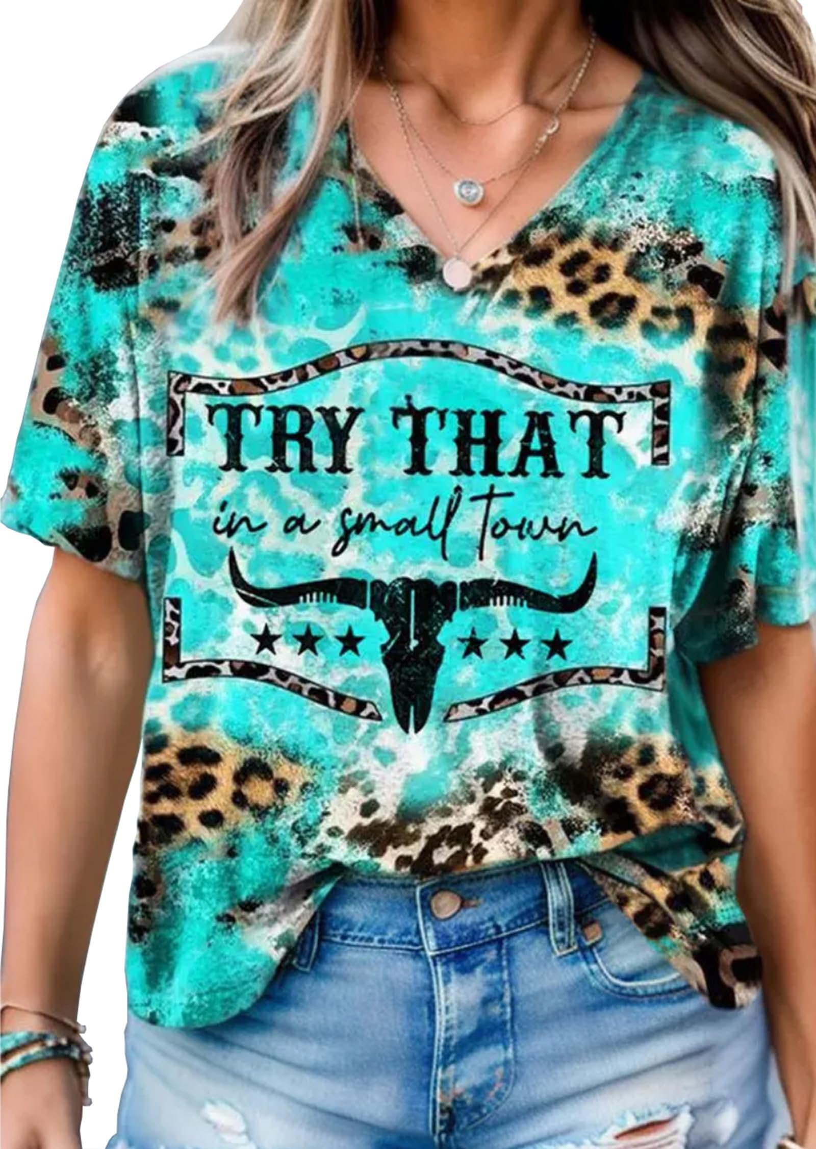 Let's Put The Crazy Away V-Neck Casual Short-Sleeved Shirt Fun Letter Printed Cow tie-Dyed Bleached Bull Graphic T-Shirt, Green, Large