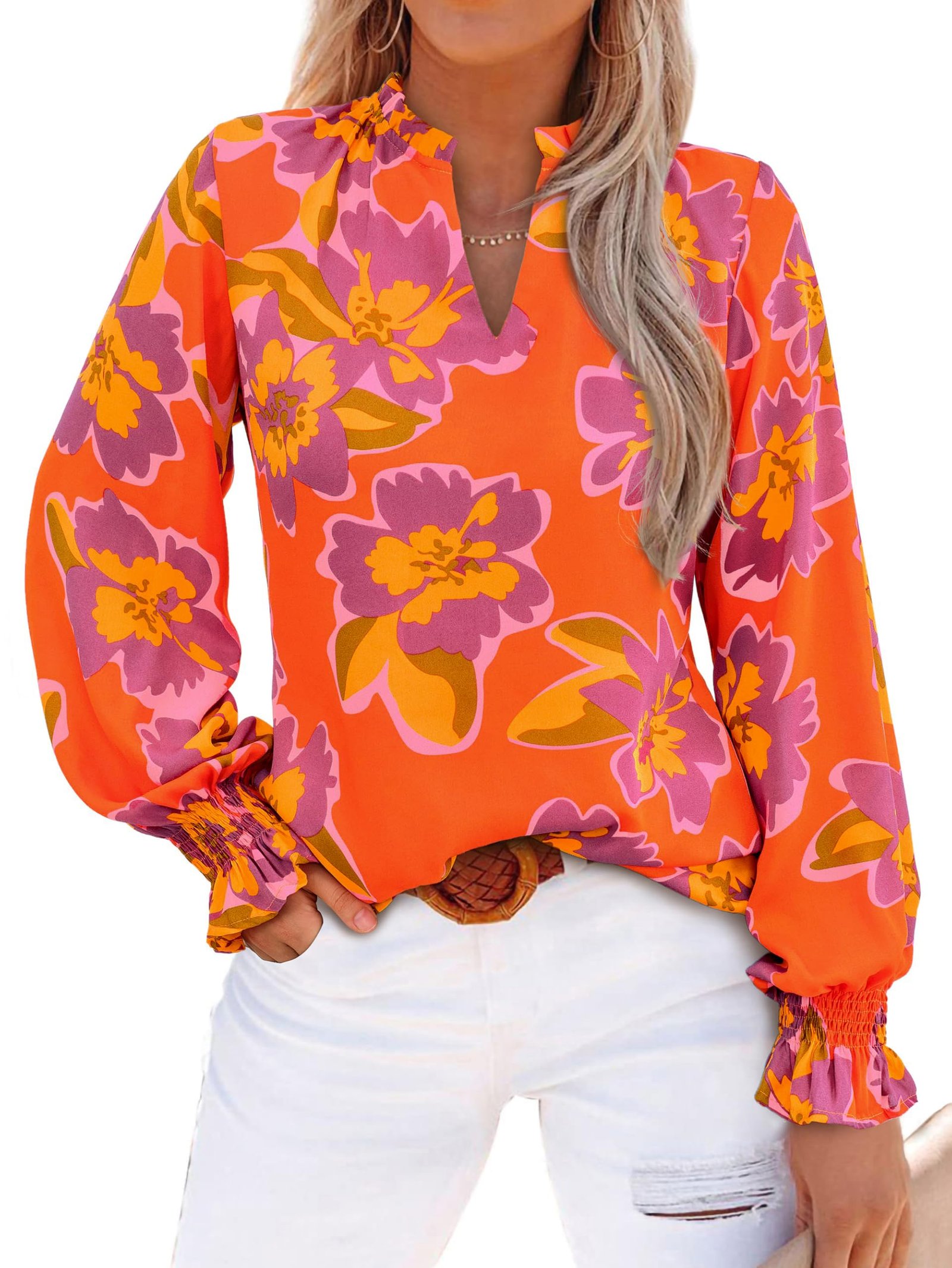 Womens Boho Floral Long Sleeve Loose Chiffon Blouses, Orange Purple, Medium