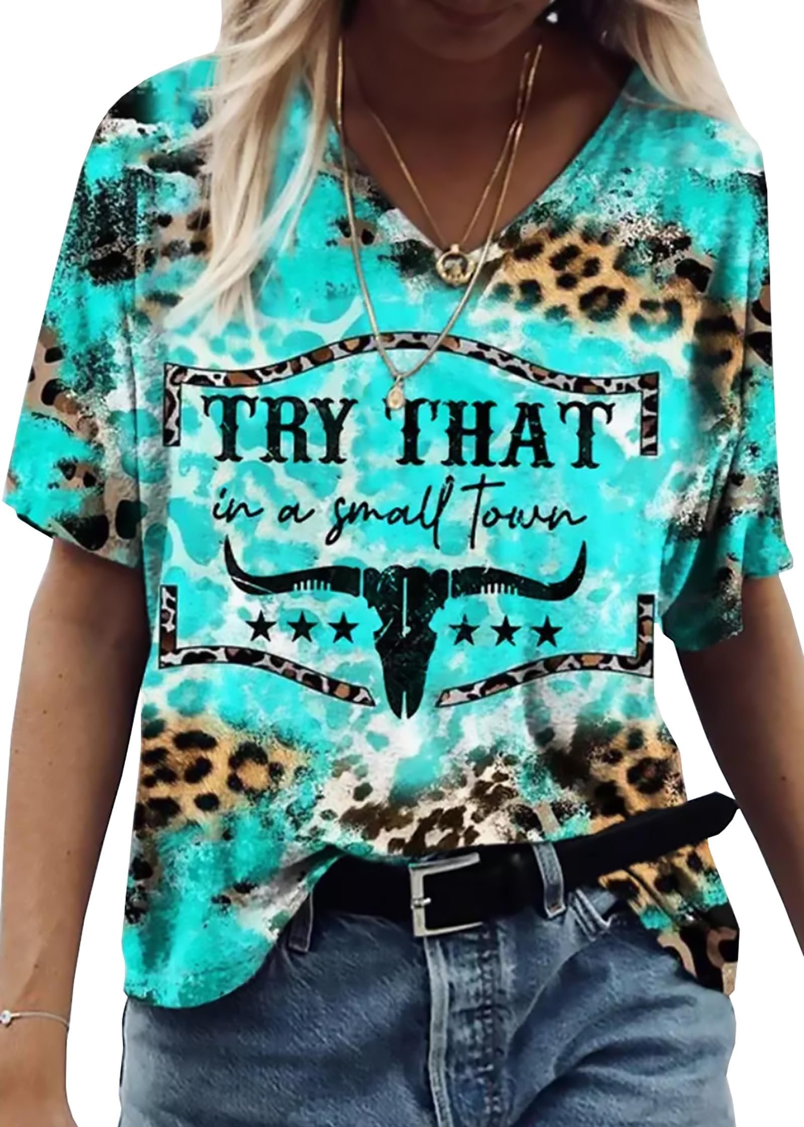 Let's Put The Crazy Away V-Neck Casual Short-Sleeved Shirt Fun Letter Printed Cow tie-Dyed Bleached Bull Graphic T-Shirt, Green, Large - Image 2