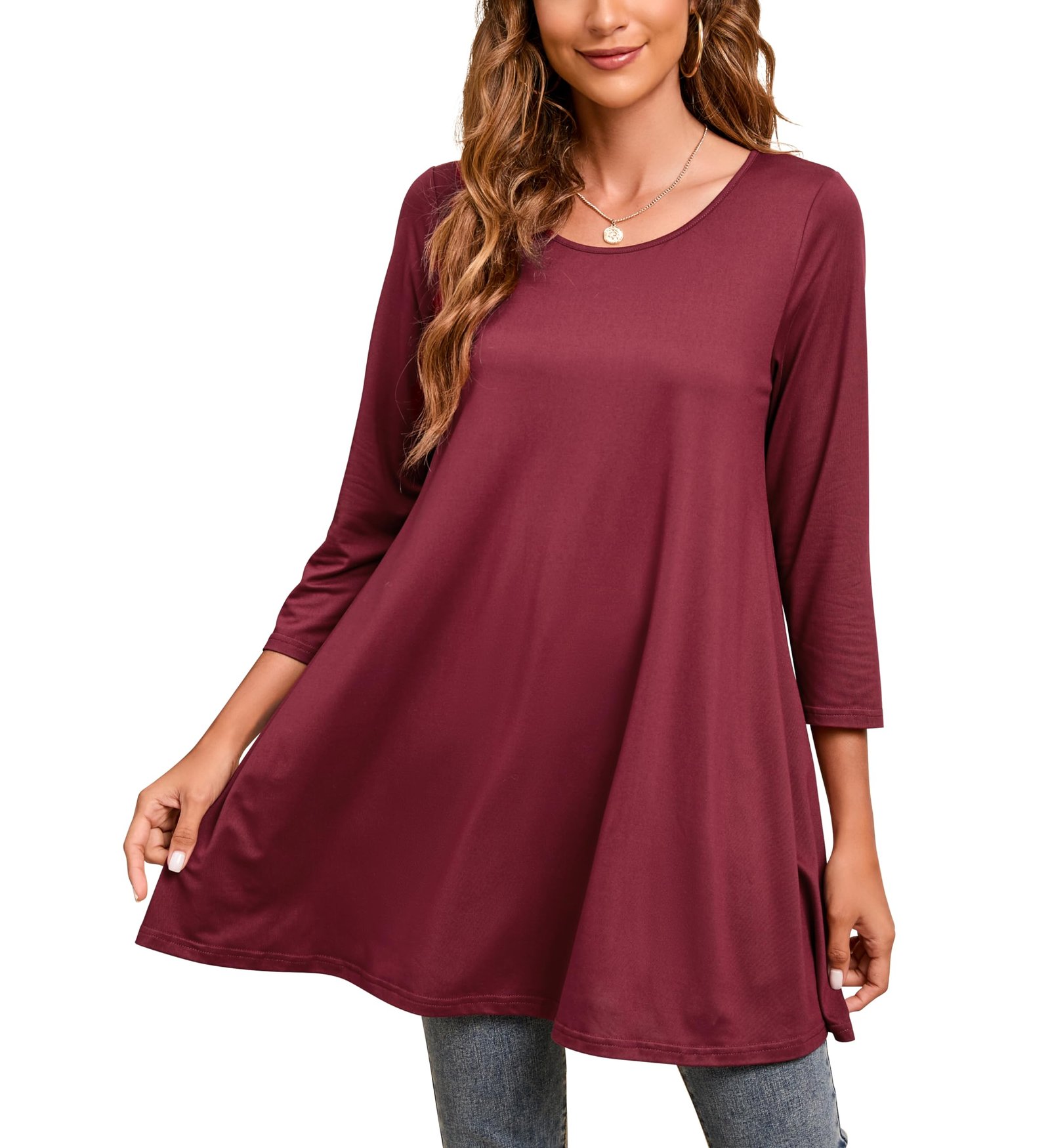 Womens Tunic Tops 3/4 Sleeve Plus Size Loose Fit Tunics Dressy Casual Paisley Floral Swing Flare Top for Leggings, C4-wine Red, XX-Large