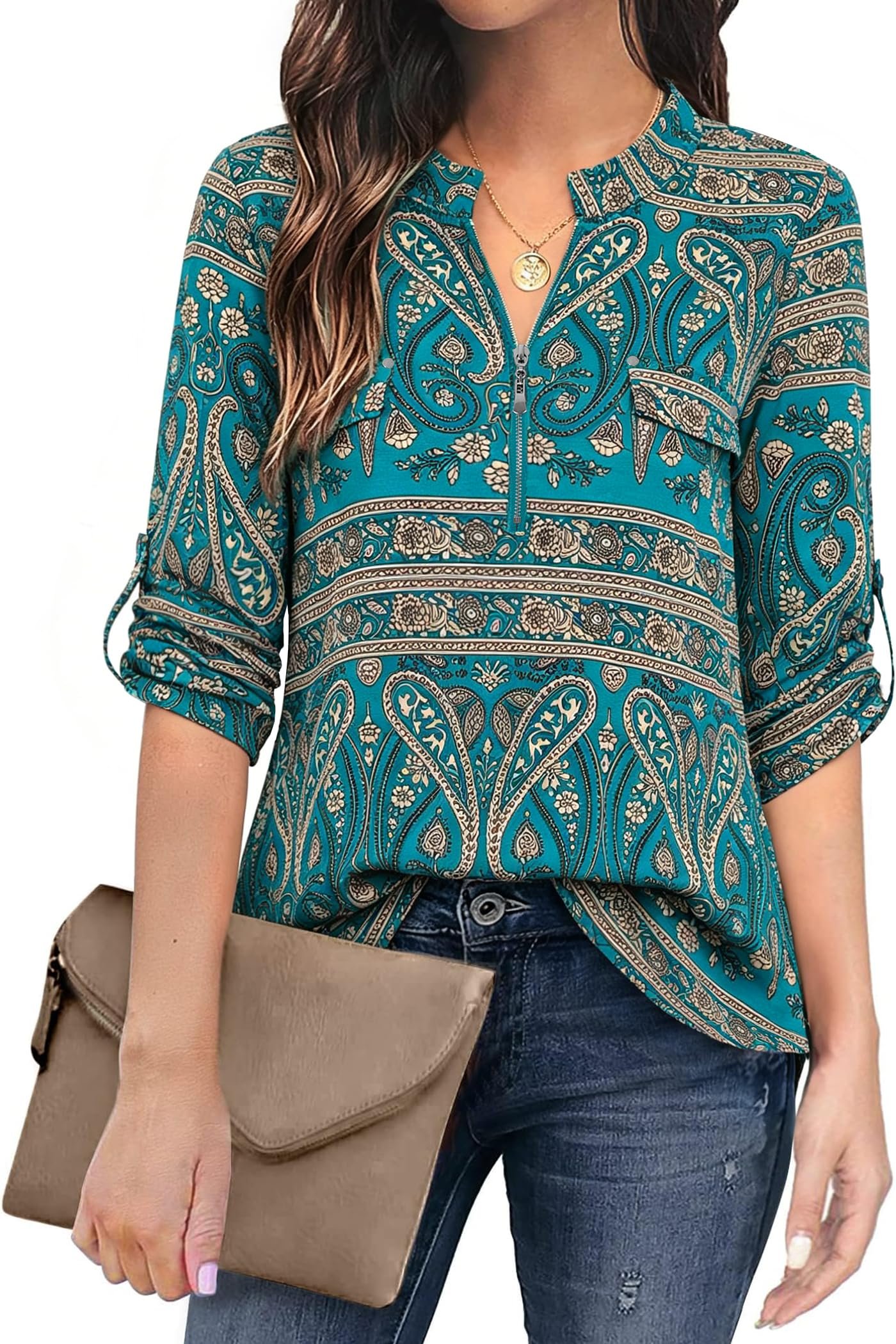 Tunic Tops for Leggings for Women, Summer Shorts Sleeve Blouse Fashion 2020 Casual Business Clothing Going Out Elegant Outfits Chiffon Peasant Shirts Ladies Aqua Beige Size XXL - Image 2