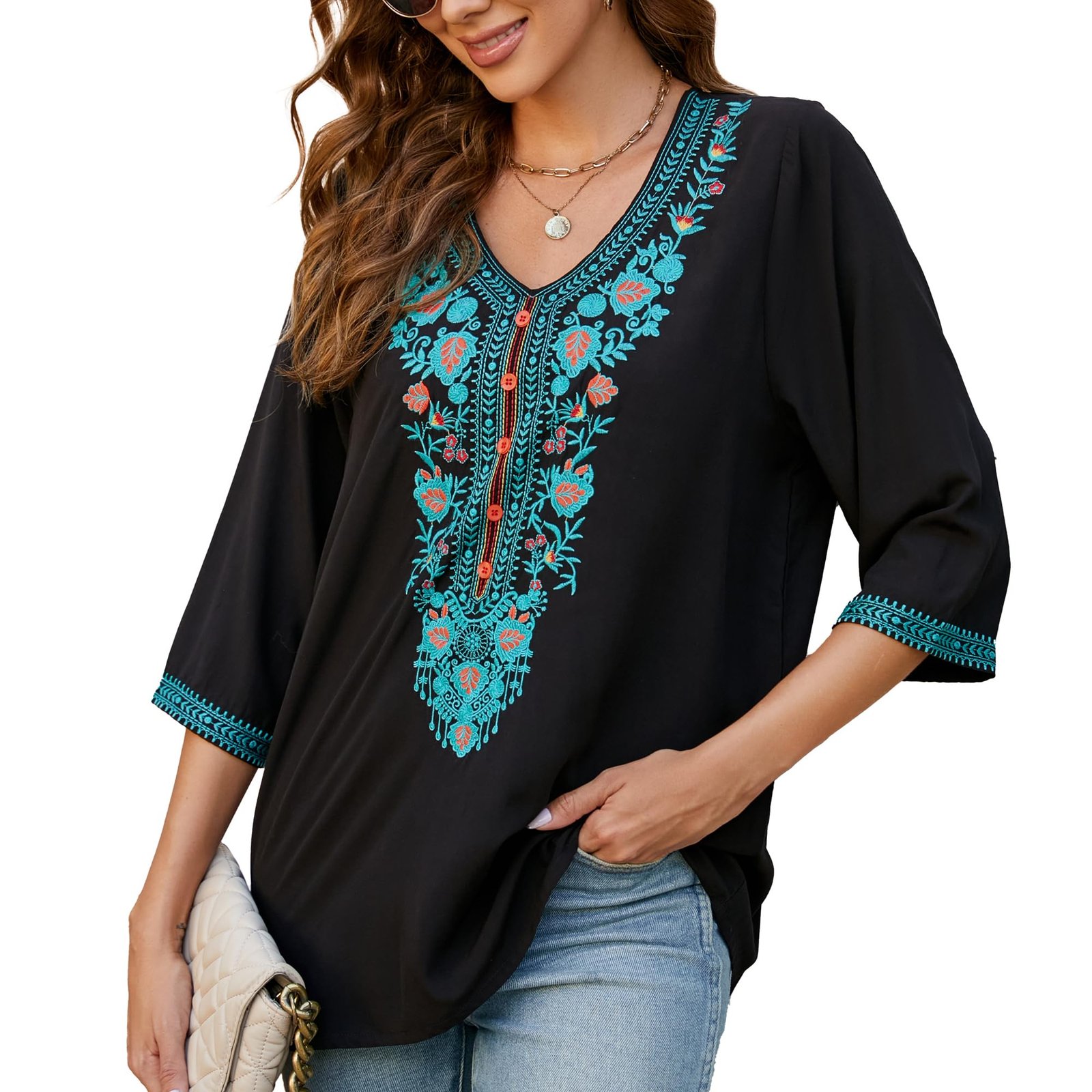 Traditional Mexican Embroidered Peasant Tops for Women, Plus Size Vintage Floral Tunic Shirts, Flowers Embroidery Blouses, Black, Large - Image 4
