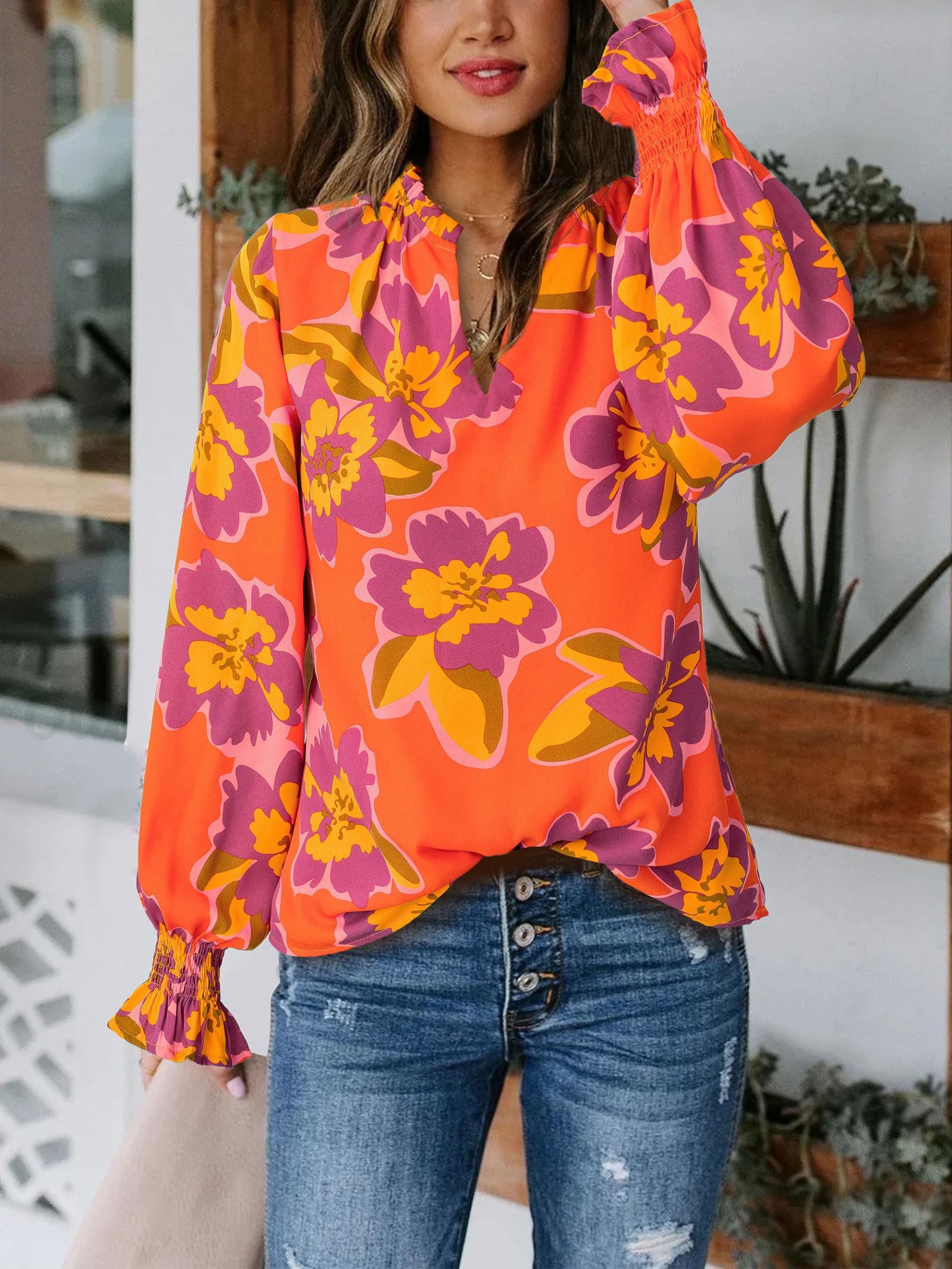 Womens Boho Floral Long Sleeve Loose Chiffon Blouses, Orange Purple, Medium - Image 4