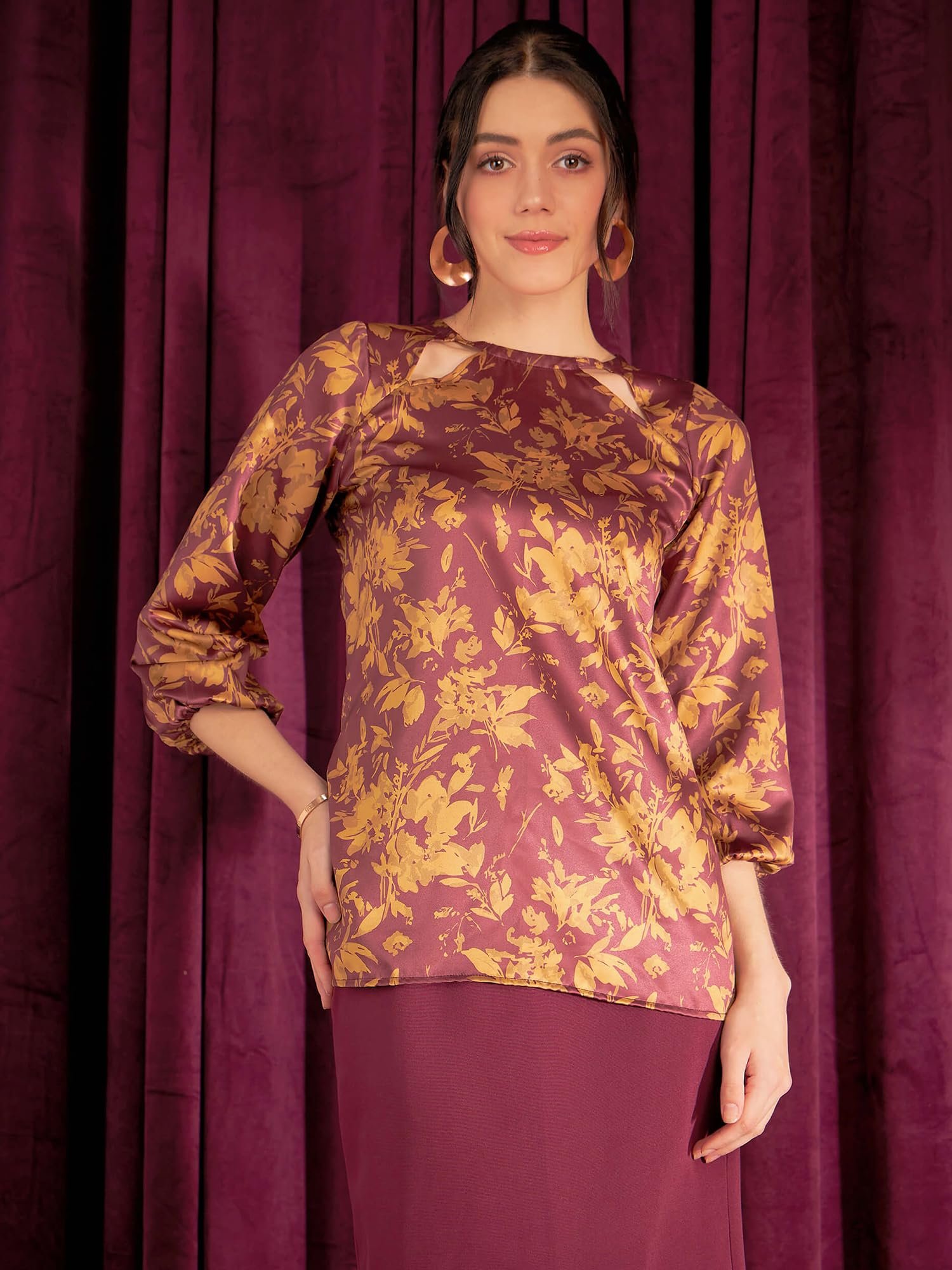 Layla 3/4th Sleeve Mustard & Burgundy Women Top - Image 2