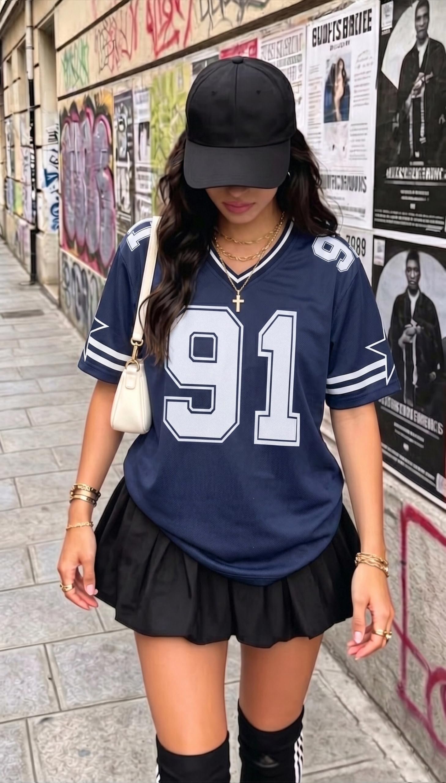 Jersey Shirts for Women Y2k Graphic Tees V Neck Baggy Streetwear Number Oversized T Shirt Summer Tops, Blue, Small - Image 4