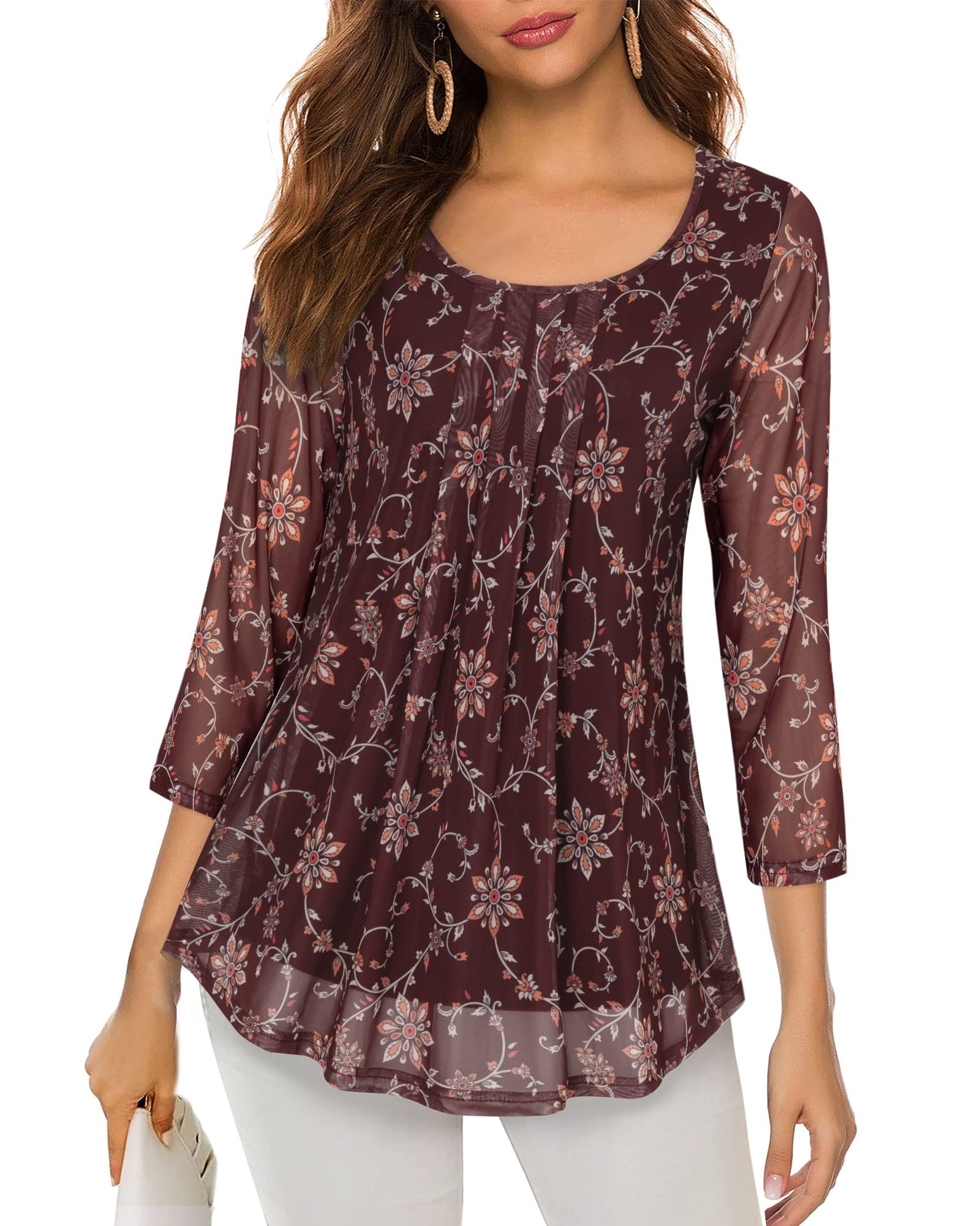 Women's 3/4 Sleeve Tunic Tops Casual Loose Fit Floral Blouses Mesh Pleated Layered Shirt, Dark Red, 3X-Large - Image 2
