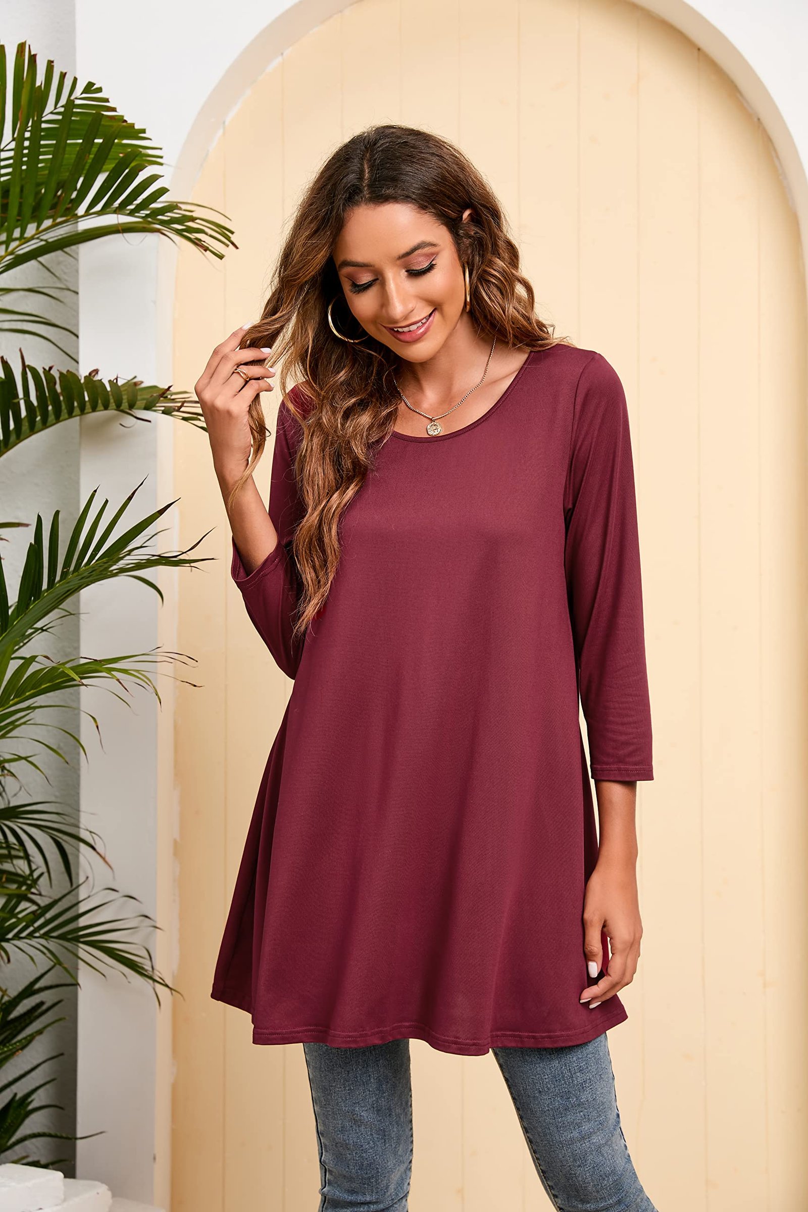 Womens Tunic Tops 3/4 Sleeve Plus Size Loose Fit Tunics Dressy Casual Paisley Floral Swing Flare Top for Leggings, C4-wine Red, XX-Large - Image 4