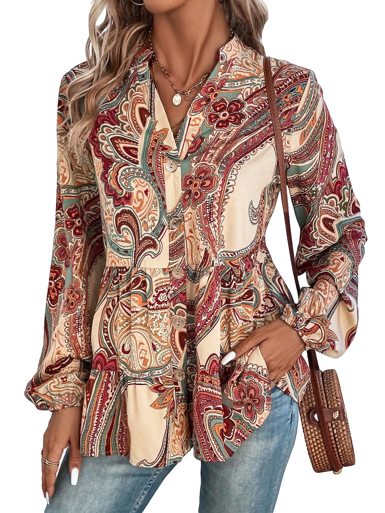 Women's Paisley Print Notched V Neck Bishop Long Sleeve Ruffle Hem Blouse Peplum Top, Multicoloured, Large