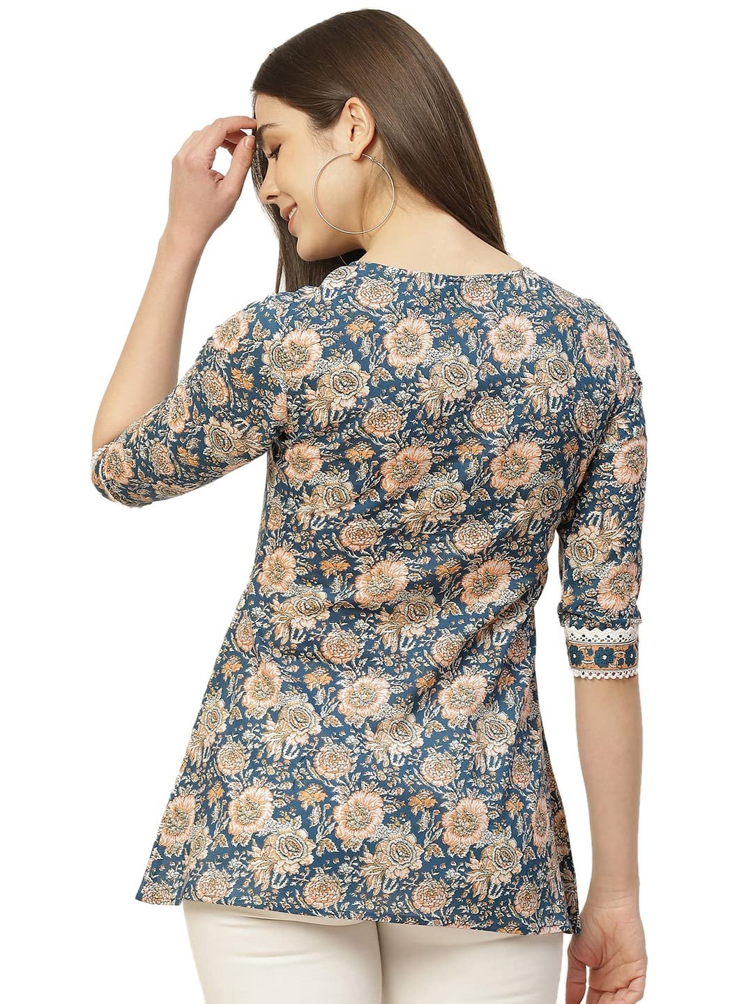 Women's Blue Floral Printed Straight Short Kurti – Round Neck, 3/4 Sleeves, Everyday Ethnic Top - Image 3