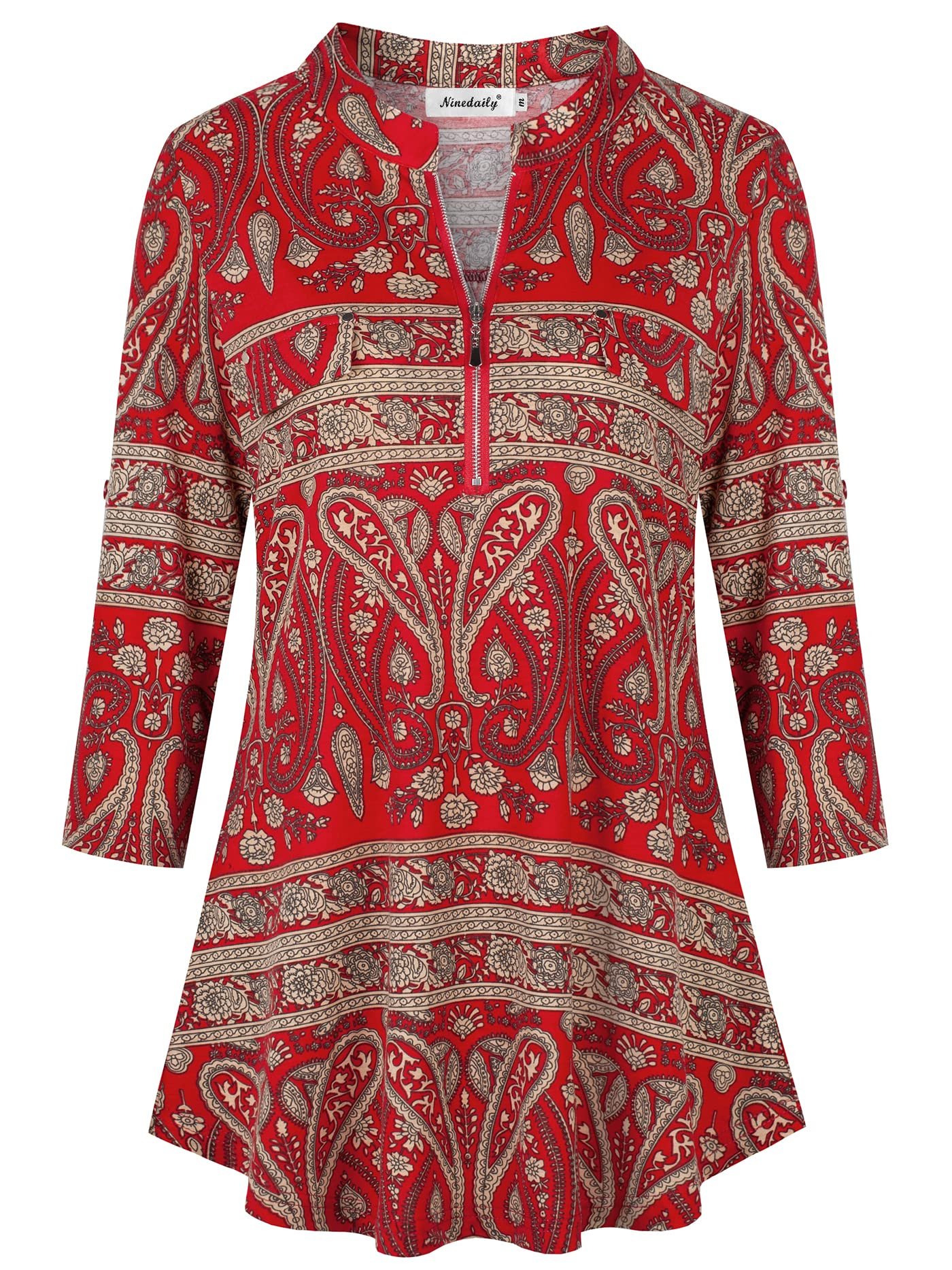 Women's 3/4 Sleeve Plaid Shirts Zip Floral Casual Tunic Blouse Tops, Beige Red, Large, Red - Image 4
