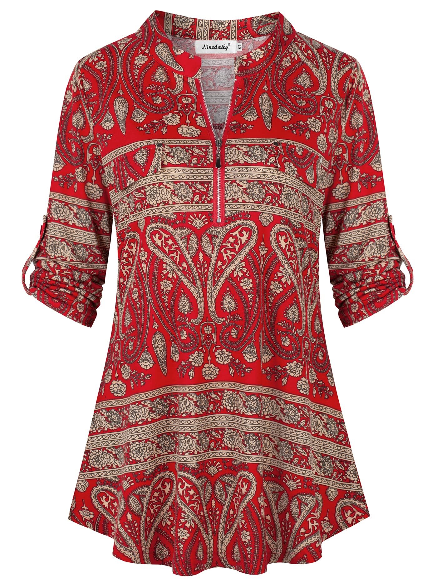Women's 3/4 Sleeve Plaid Shirts Zip Floral Casual Tunic Blouse Tops, Beige Red, Large, Red - Image 3