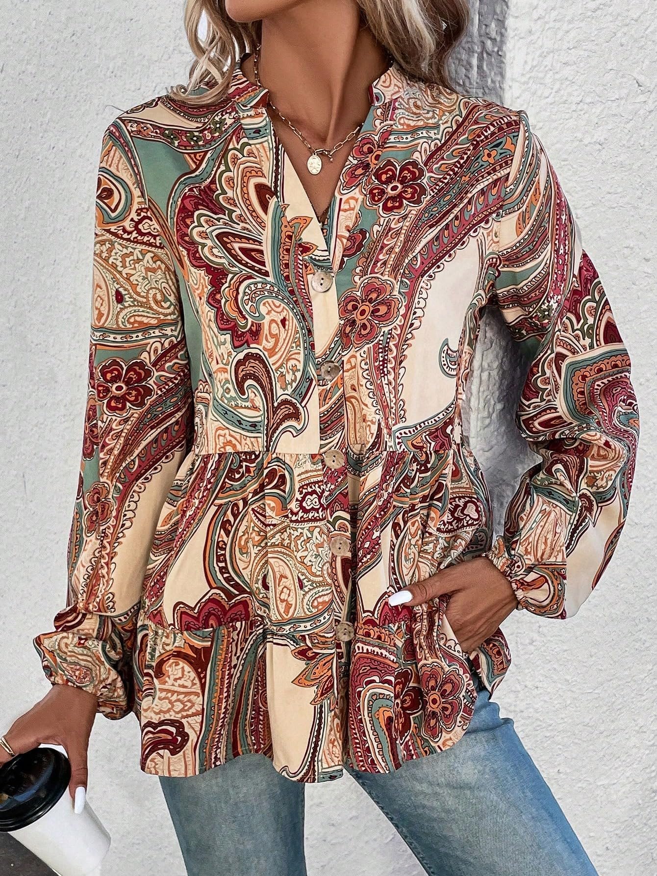 Women's Paisley Print Notched V Neck Bishop Long Sleeve Ruffle Hem Blouse Peplum Top, Multicoloured, Large - Image 5