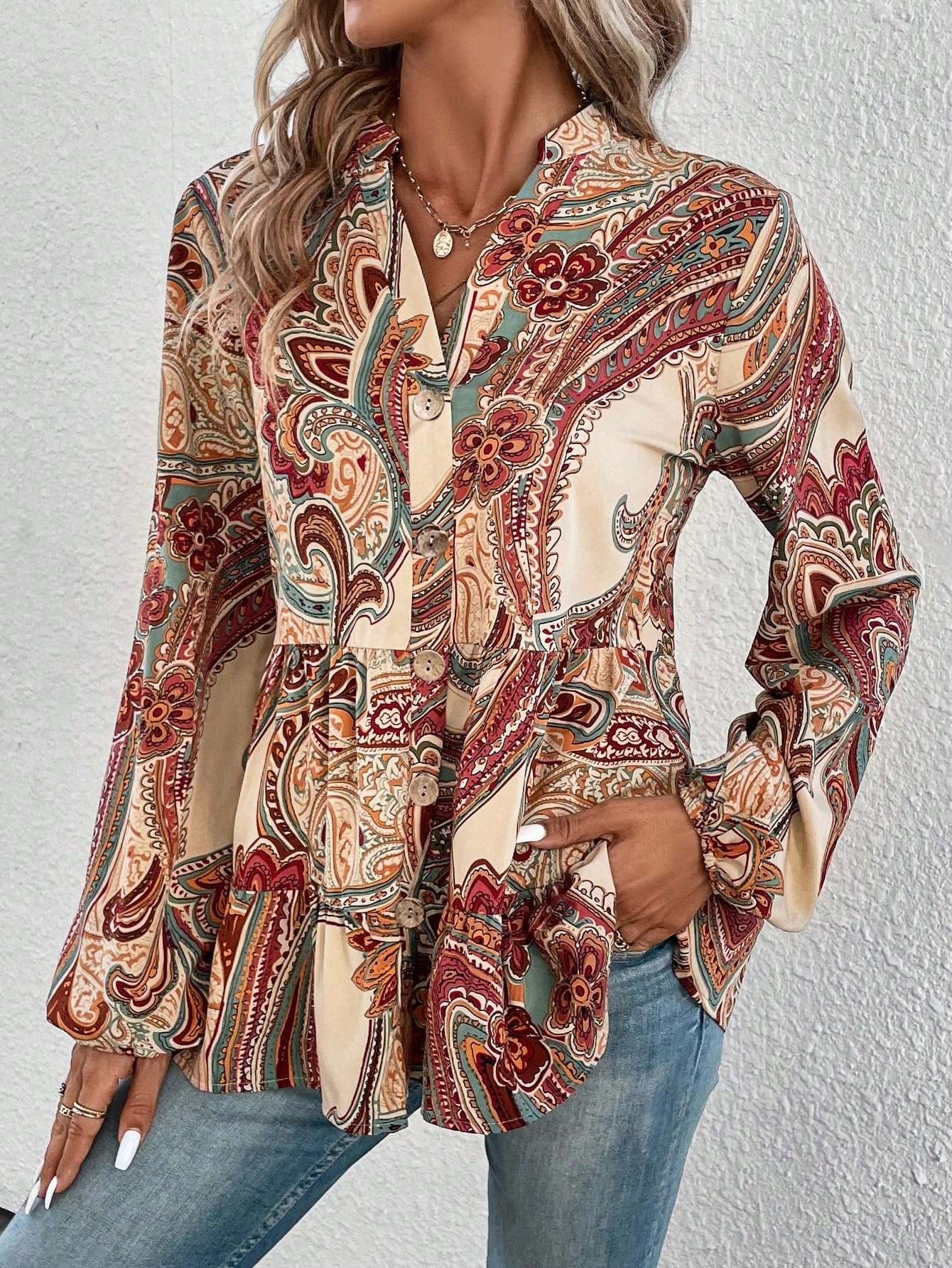 Women's Paisley Print Notched V Neck Bishop Long Sleeve Ruffle Hem Blouse Peplum Top, Multicoloured, Large - Image 4