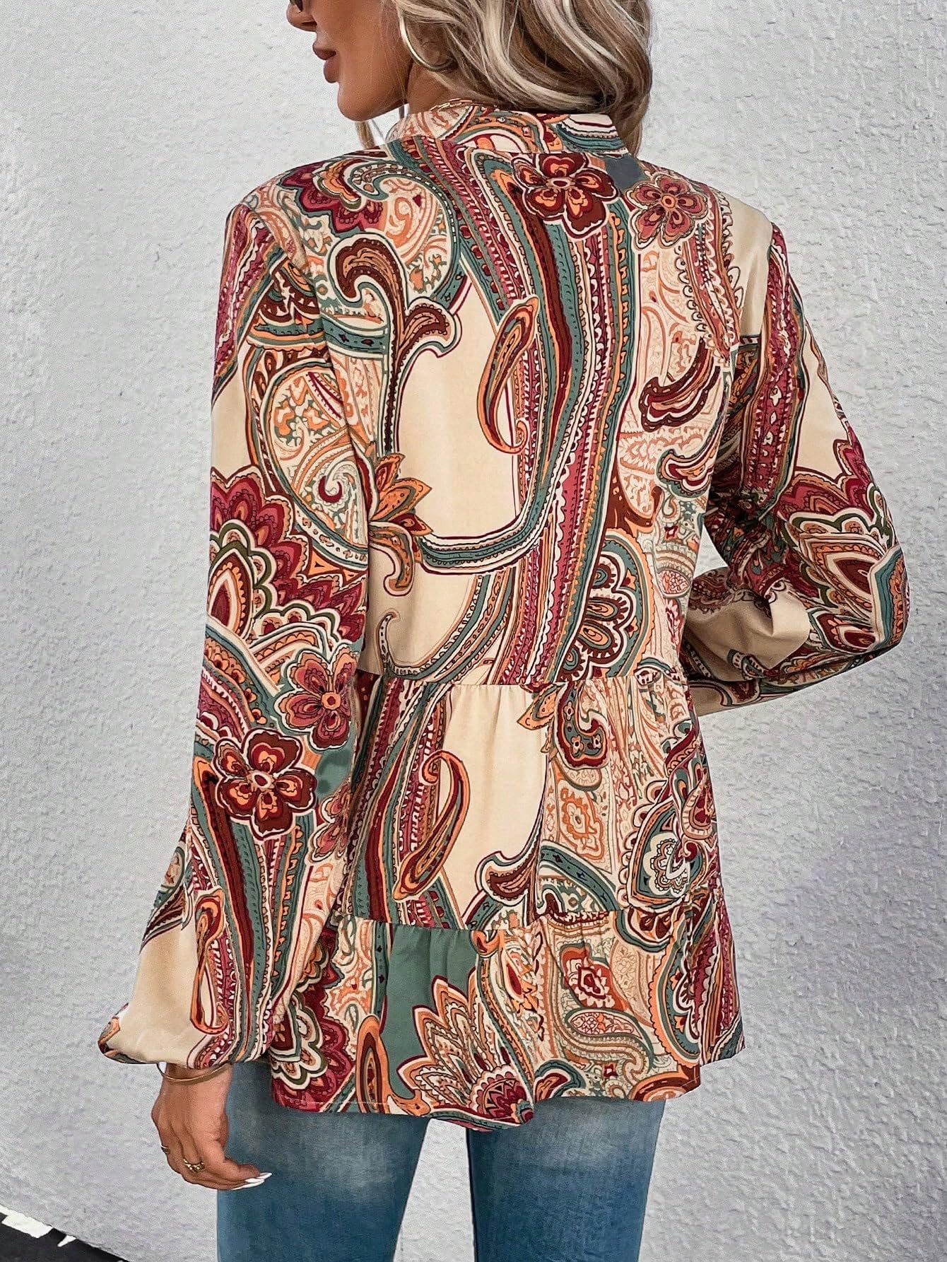 Women's Paisley Print Notched V Neck Bishop Long Sleeve Ruffle Hem Blouse Peplum Top, Multicoloured, Large - Image 2