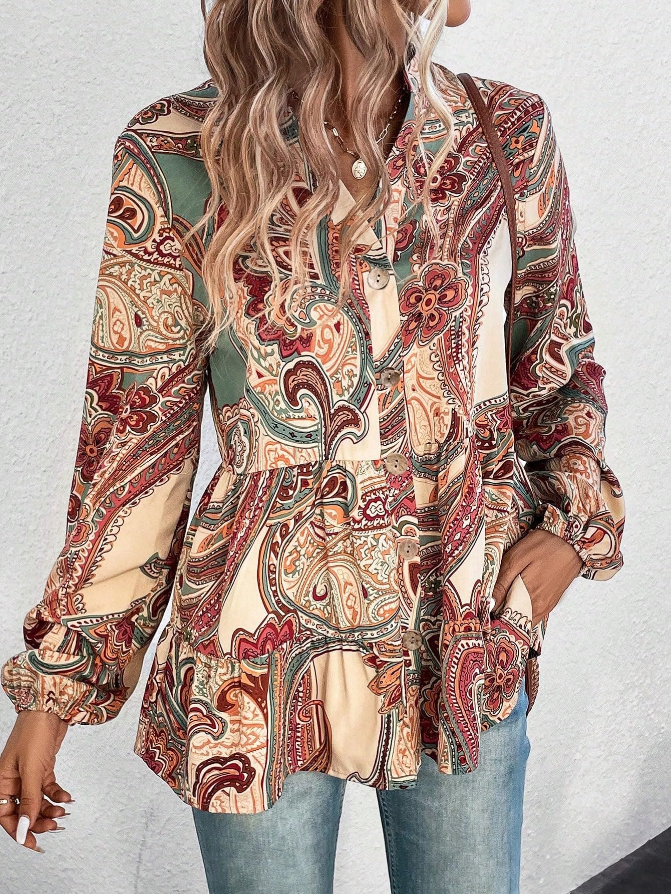 Women's Paisley Print Notched V Neck Bishop Long Sleeve Ruffle Hem Blouse Peplum Top, Multicoloured, Large - Image 3