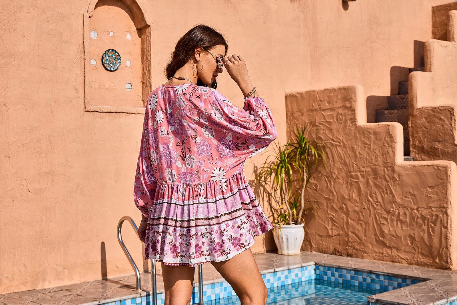 Women's Boho Tops V-Neck Blouses 3/4 Sleeves Floral Print Tunics, Taffy Pink, Small - Image 4