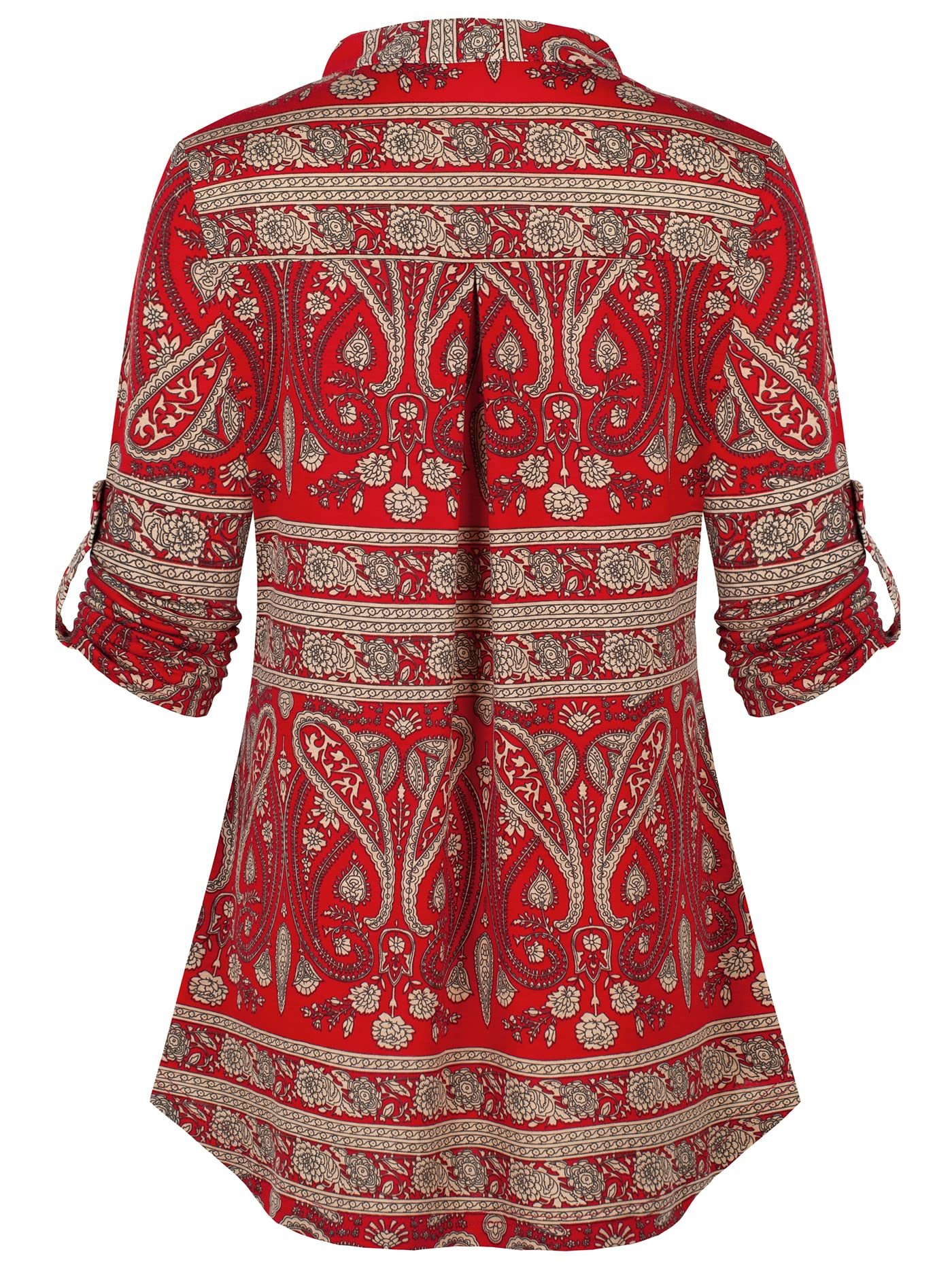 Women's 3/4 Sleeve Plaid Shirts Zip Floral Casual Tunic Blouse Tops, Beige Red, Large, Red - Image 5